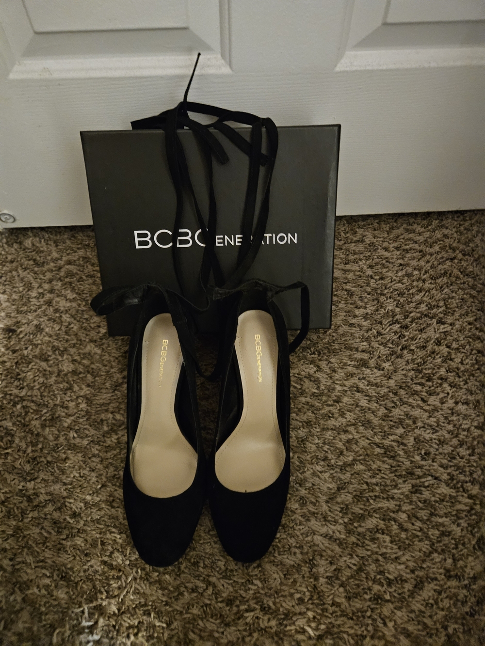 BCBGeneration Black Suede Ankle Tie Heels